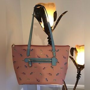 Coach Light Coral Sunglasses Print Tote with Blue Details.